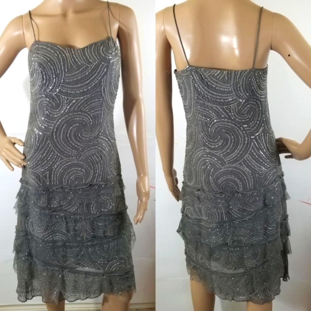 Monsoon Gray Sequin Tiered Spaghetti Strap Cocktail Dress Sz 6 Knee Length